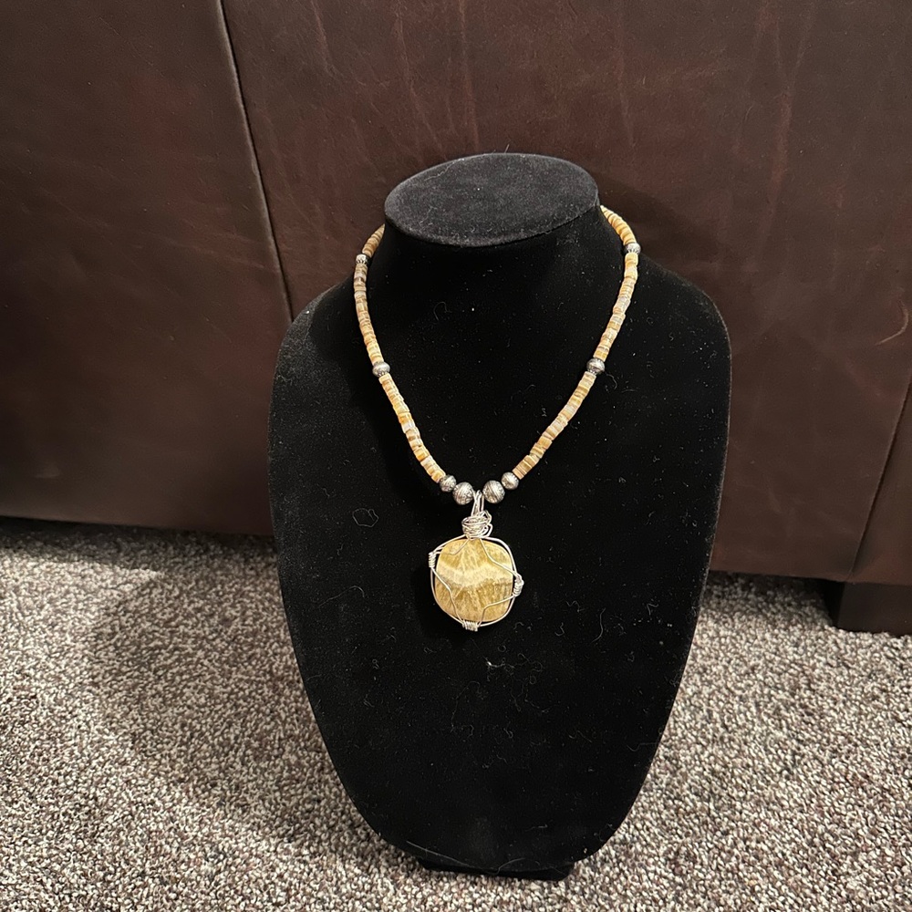 Hand Crafted Yellow/Gold Quartz/Shell & Sterling Silver Necklace “One of a Kind”